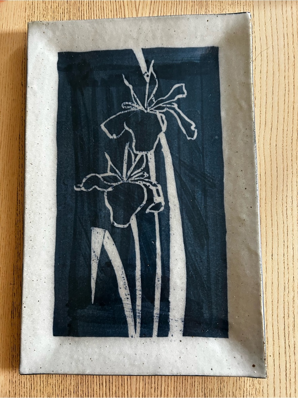 Blue Floral Ceramic tray: wall art Blue Iris Design 9.25”x14.25” signed